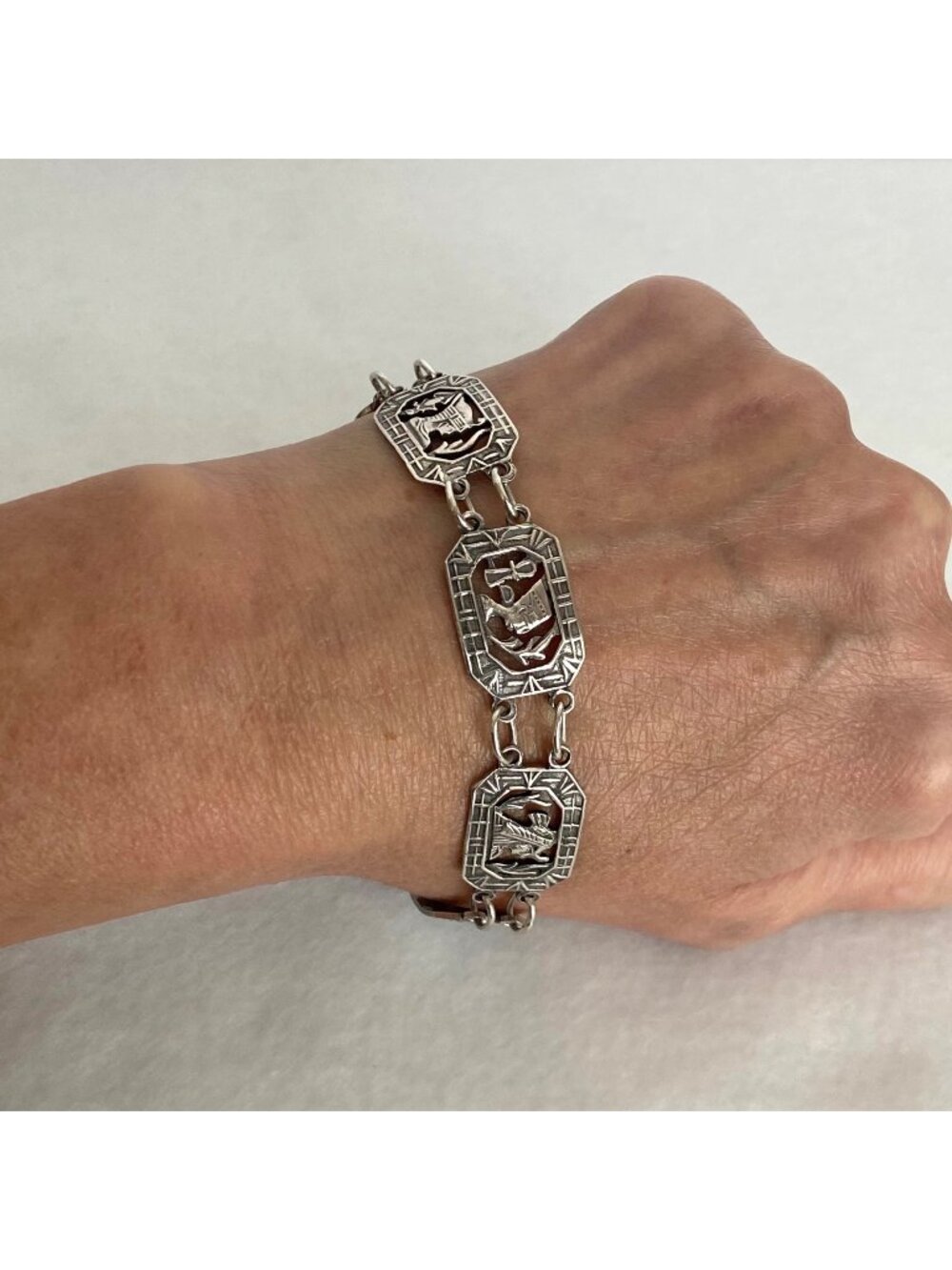 VTG 800 Silver Egyptian Hieroglyphs Scarab Pharaoh Panel Link Bracelet 8"